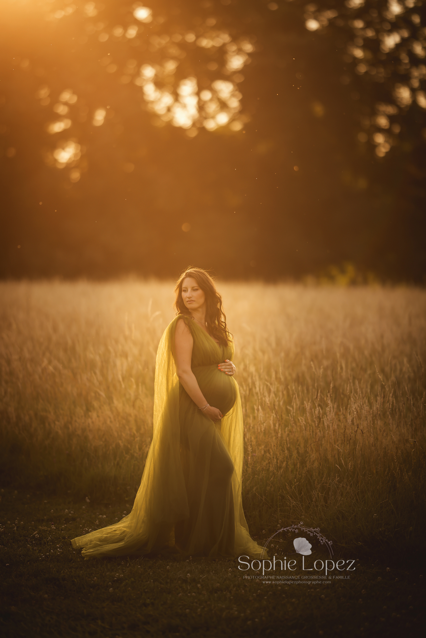 séance photo de la grossesse d'une future maman au coucher du soleil, dans la nature proche de Valence